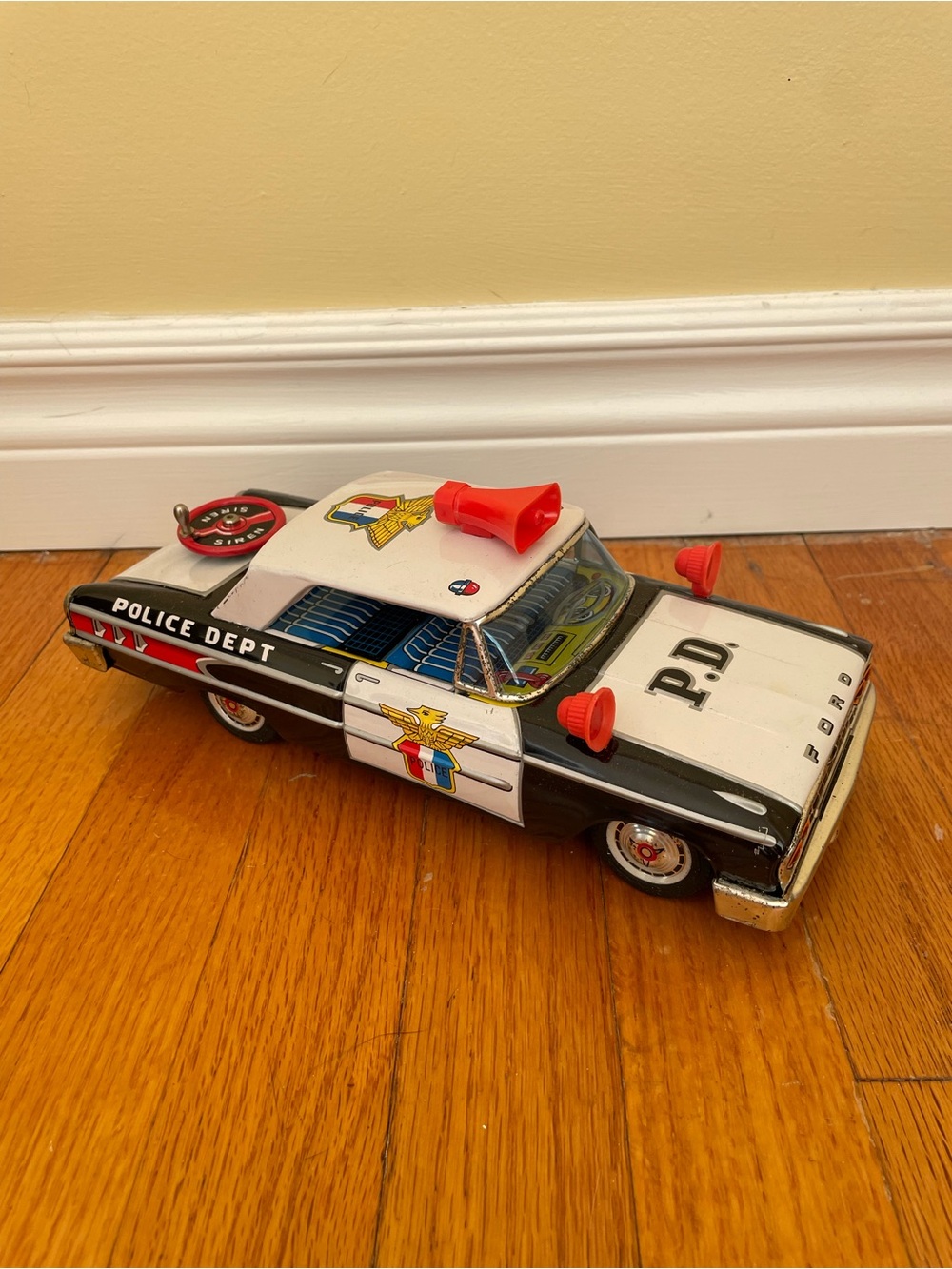 Vintage 1960s Japanese Tin Friction Siren Police Car w/ Original Box
